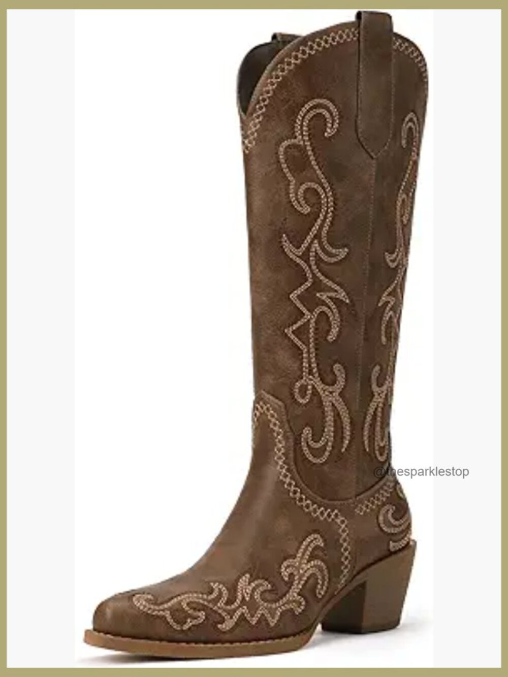 Knee High Cowboy Boots Low Chunky Block Heel Pointed Toe Faux Leather